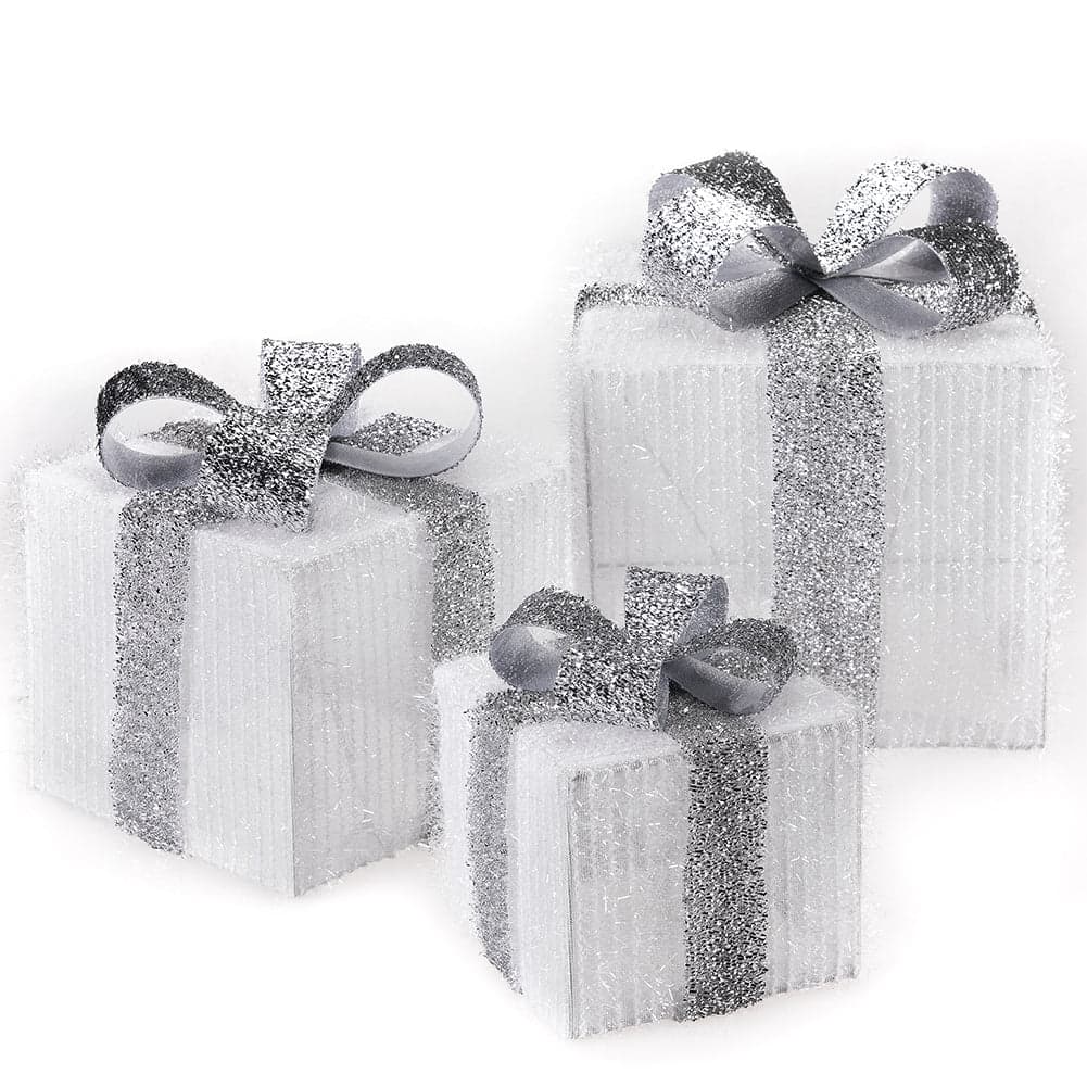 Set 3 Pacchi Regalo Natale Luminosi Bianco Argento LED Decorazione Interno Esterno in Catene luminose Danyx - Casoria, commercioVirtuoso.it
