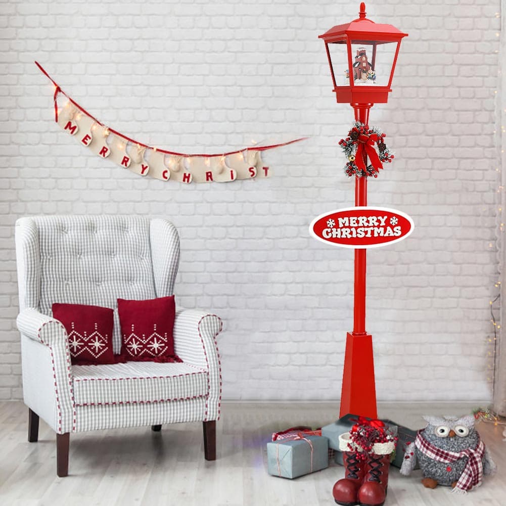 Lampione Natalizio Decorativo 180cm con Luci Led Musica Neve Motorizzata Scena Rosso