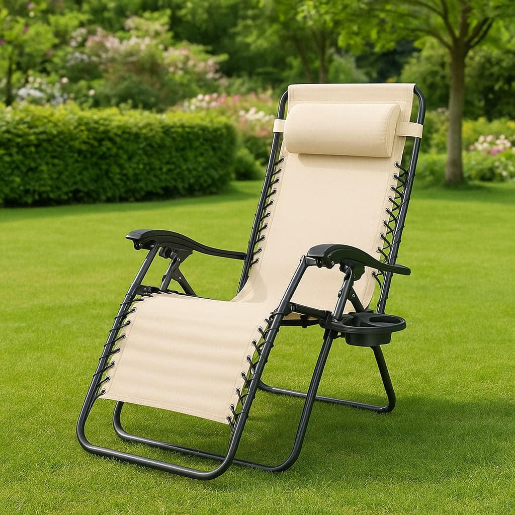 Sedia Poltrona Giardino Gravità Zero Pieghevole Acciaio Oxford con Vassoio Laterale Beige in Sedie per tavolo da giardino Danyx - Casoria, commercioVirtuoso.it