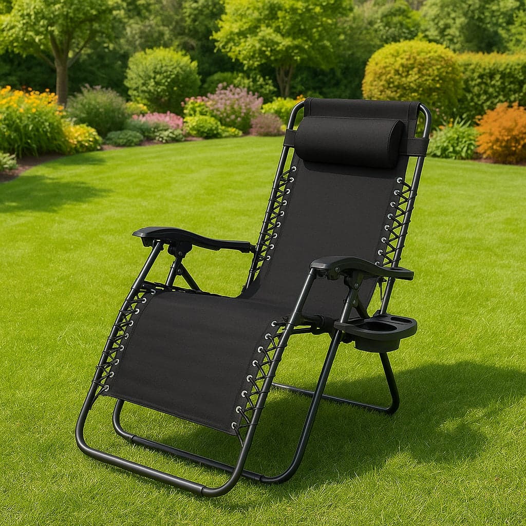 Sedia Poltrona Giardino Gravità Zero Pieghevole Acciaio Oxford con Vassoio Laterale Nero
