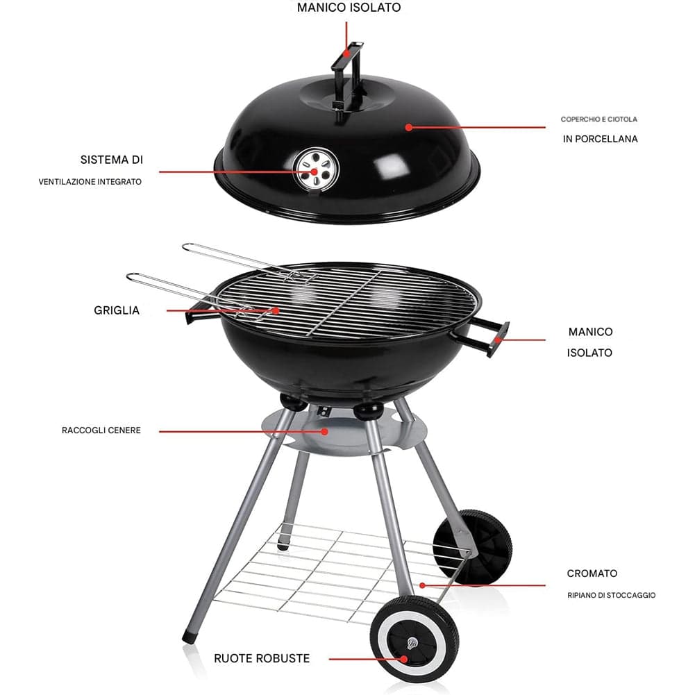 Barbecue a Carbone con Ruote BBQ Rotondo in Acciaio con Valvola di Ventilazione in Barbecue a carbone Esplodia - Napoli, commercioVirtuoso.it