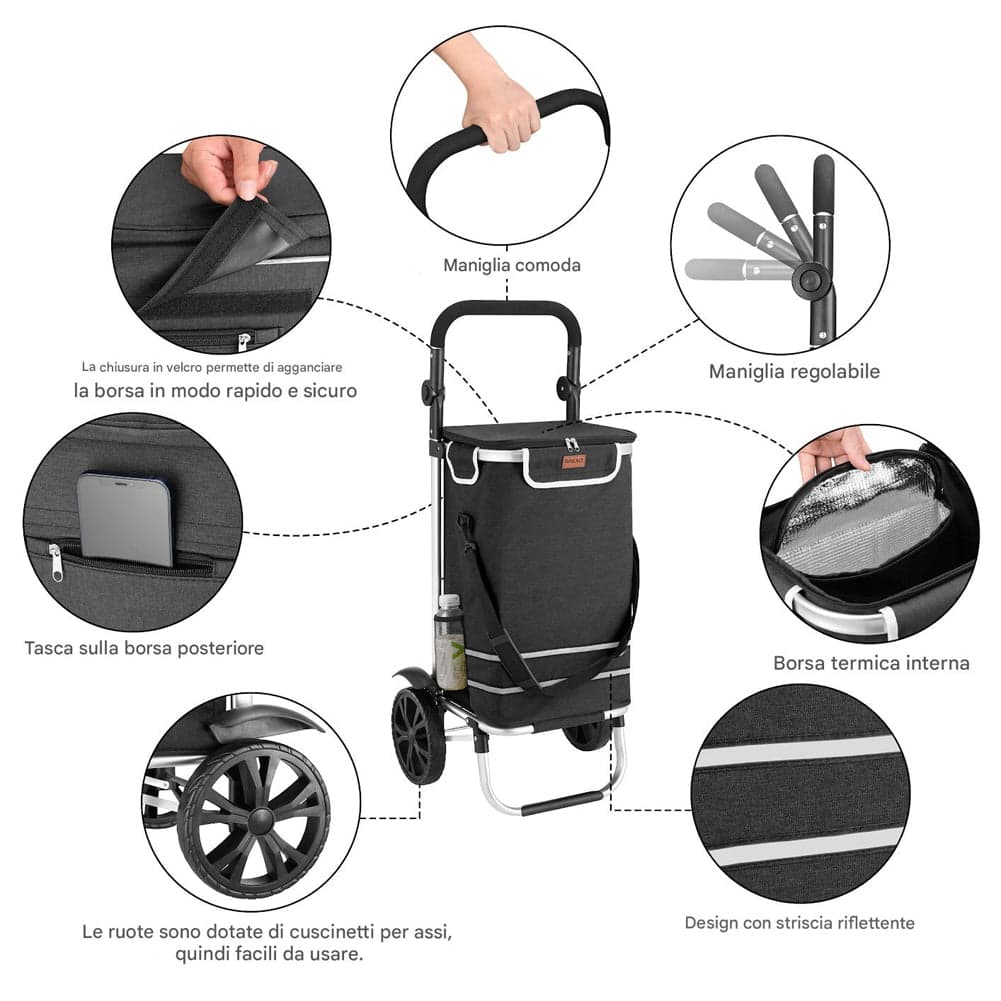Carrello Spesa Pieghevole 56L Nero Borsa Termica Trolley Portaspesa con Tracolla in Trolley per la spesa Esplodia - Napoli, commercioVirtuoso.it