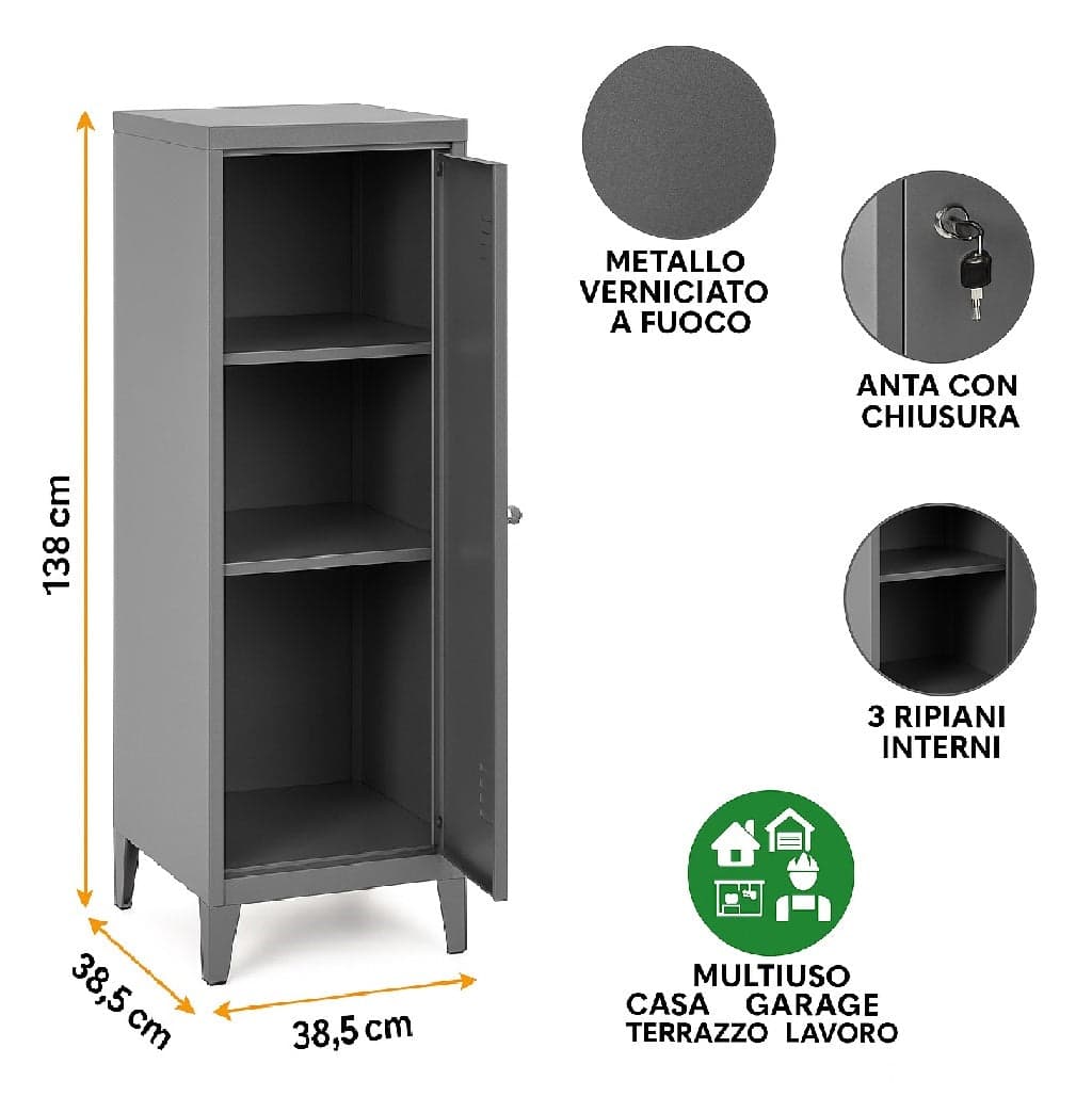 Armadietto Spogliatoio in Metallo con Chiave 1 Anta 3 Scomparti 138x38,5x38,5 Nero in Armadi Danyx - Casoria, commercioVirtuoso.it