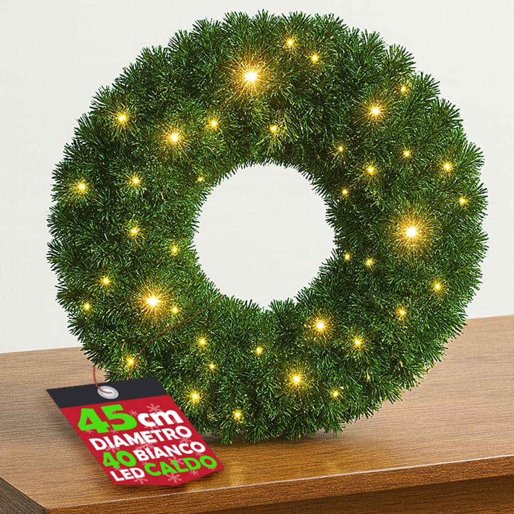 Corona Ghirlanda Natalizia Verde 45 cm con 40 Led Bianco Caldo Addobbo Natalizio