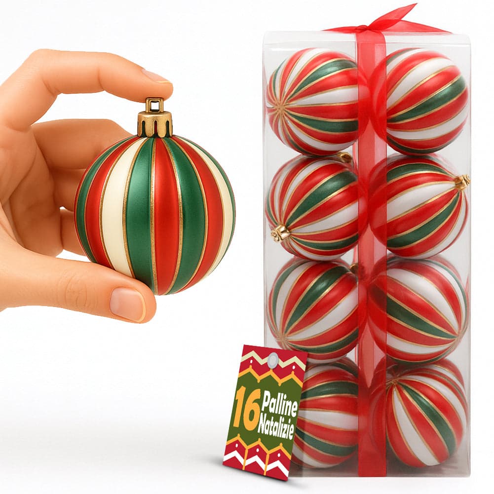 Box 16 Palline di Natale per Albero Sfere Natalizie Bianco Rosso e Verde da 8cm