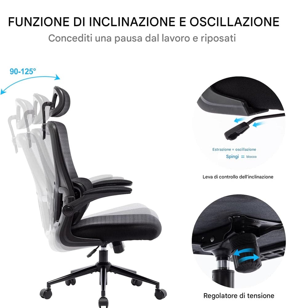 Sedia da Ufficio Ergonomica Nera Rete Traspirante Supporto Lombare e Poggiatesta in Sedie da scrivania Esplodia - Napoli, commercioVirtuoso.it