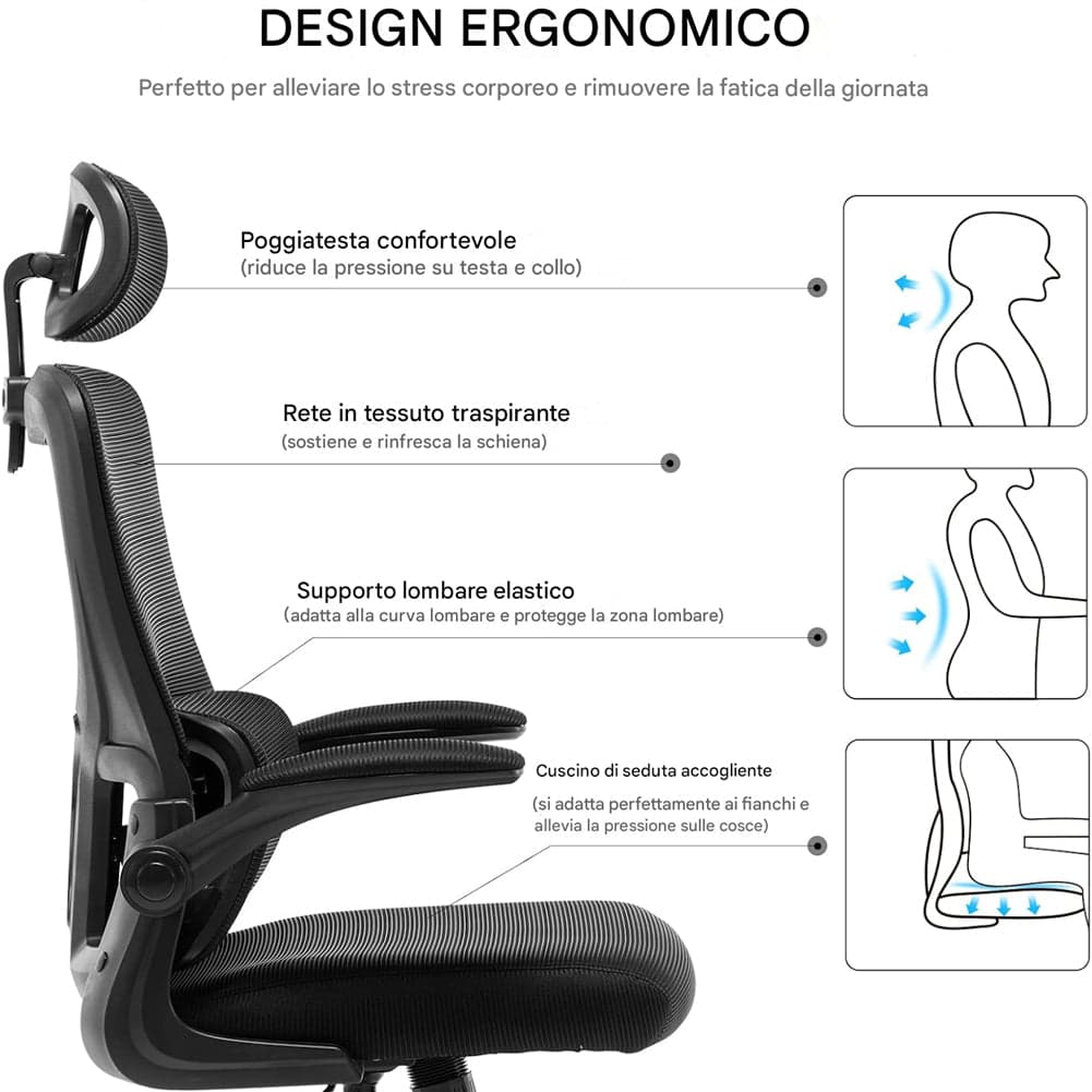 Sedia da Ufficio Ergonomica Nera Rete Traspirante Supporto Lombare e Poggiatesta in Sedie da scrivania Esplodia - Napoli, commercioVirtuoso.it