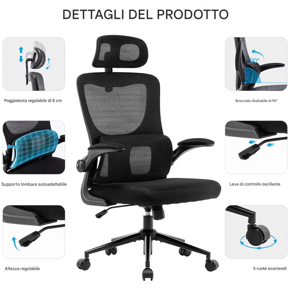 Sedia da Ufficio Ergonomica Nera Rete Traspirante Supporto Lombare e Poggiatesta in Sedie da scrivania Esplodia - Napoli, commercioVirtuoso.it