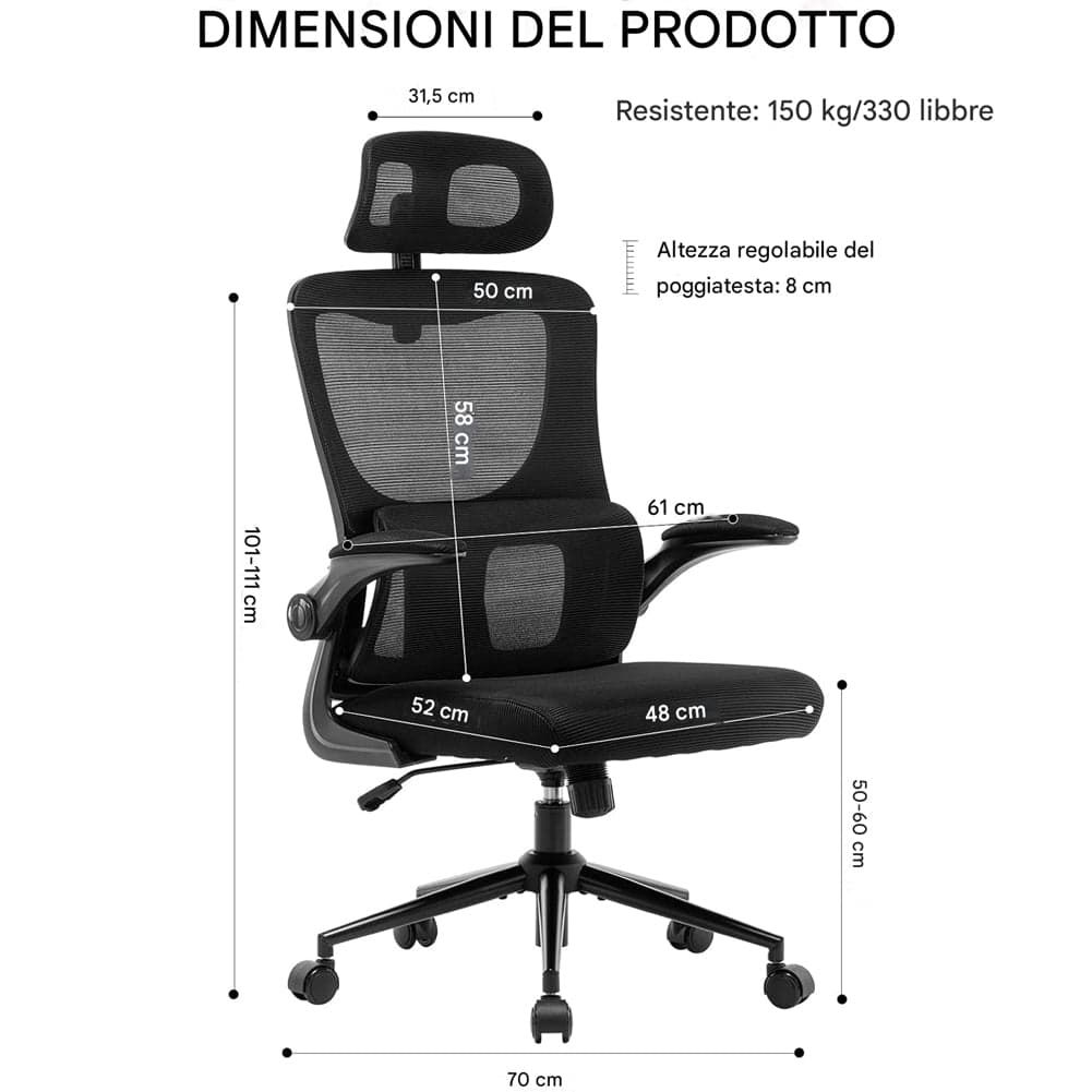 Sedia da Ufficio Ergonomica Nera Rete Traspirante Supporto Lombare e Poggiatesta in Sedie da scrivania Esplodia - Napoli, commercioVirtuoso.it