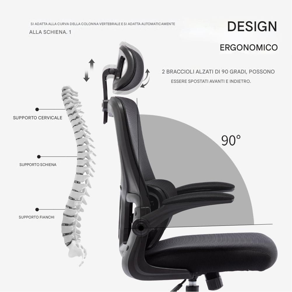 Sedia da Ufficio Ergonomica Nera Rete Traspirante Supporto Lombare e Poggiatesta in Sedie da scrivania Esplodia - Napoli, commercioVirtuoso.it
