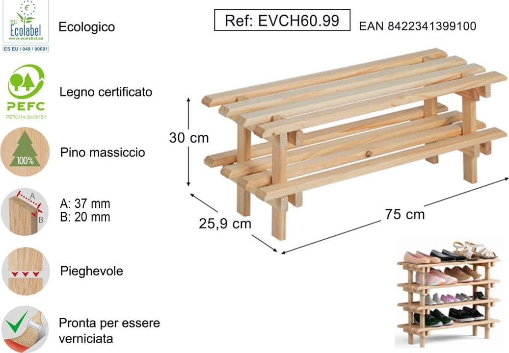 PORTASCARPE COMPONIBILE IN PINO CM 75X25,9X30 COMPONIBILE E IMPILABILE in prodotto EuroStore07 - Alatri, commercioVirtuoso.it