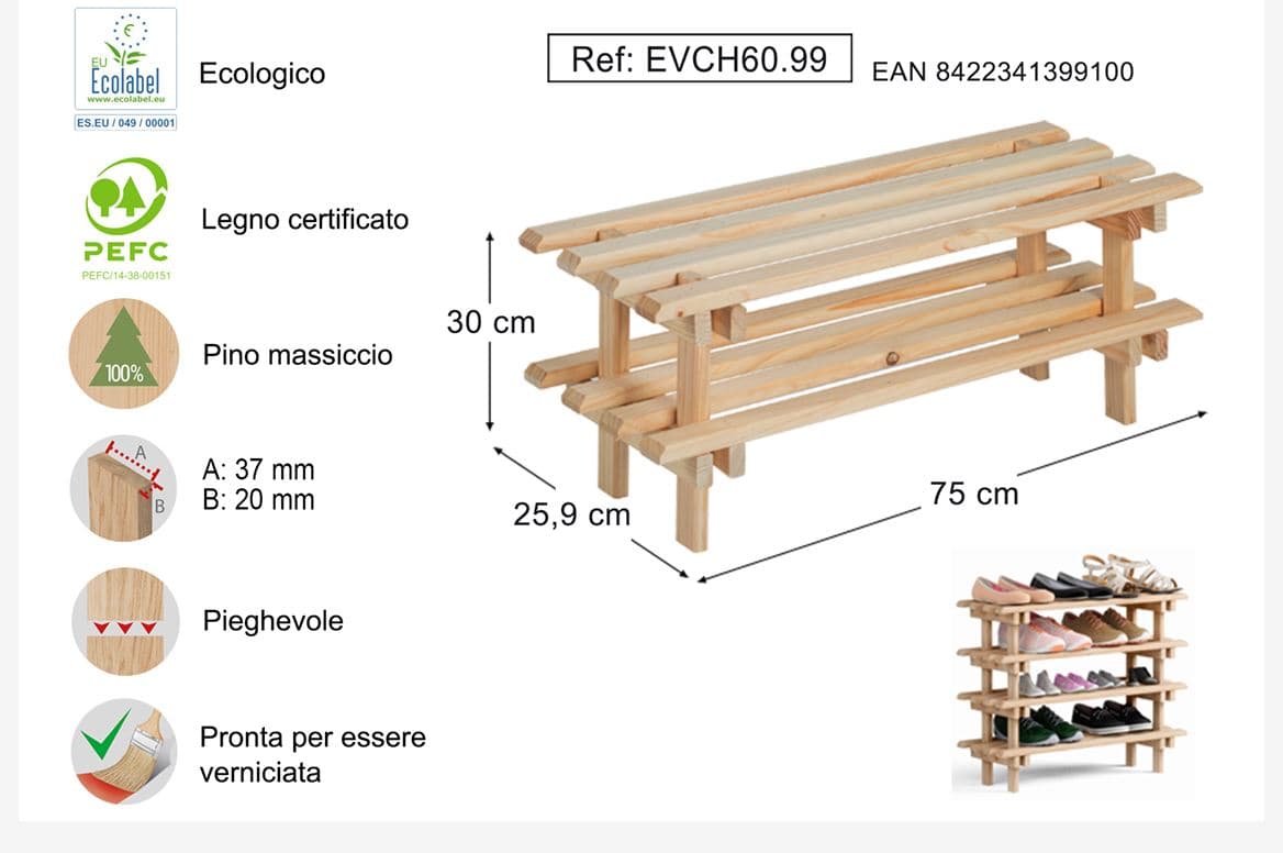 PORTASCARPE COMPONIBILE IN PINO CM 75X25,9X30 COMPONIBILE E IMPILABILE in prodotto EuroStore07 - Alatri, commercioVirtuoso.it