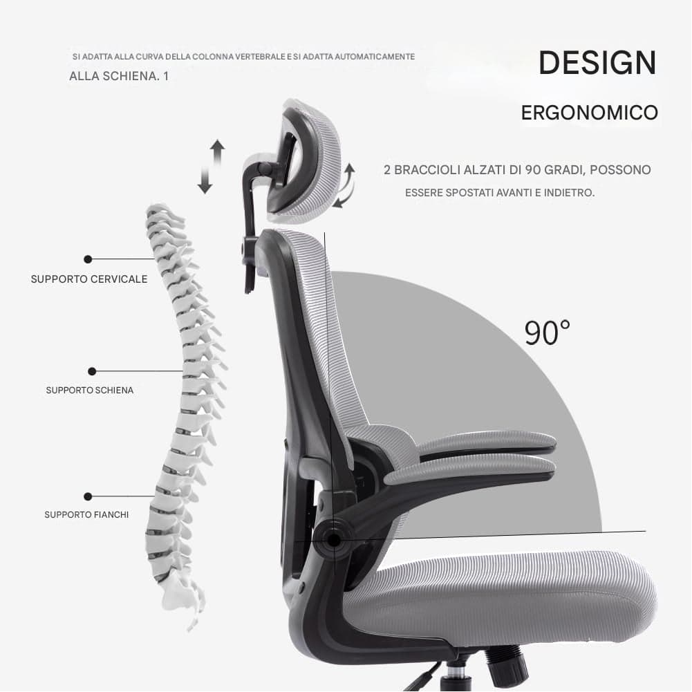 Sedia Ufficio Ergonomica con Supporto Lombare Rete Traspirante e Poggiatesta Regolabile Grigio in Sedie da scrivania Danyx - Casoria, commercioVirtuoso.it