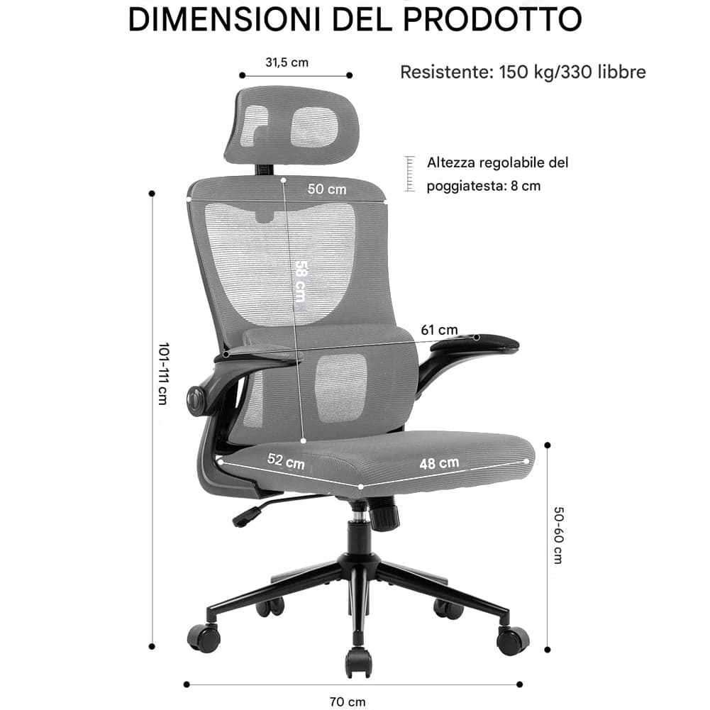 Sedia Ufficio Ergonomica con Supporto Lombare Rete Traspirante e Poggiatesta Regolabile Nero in Sedie da scrivania Danyx - Casoria, commercioVirtuoso.it