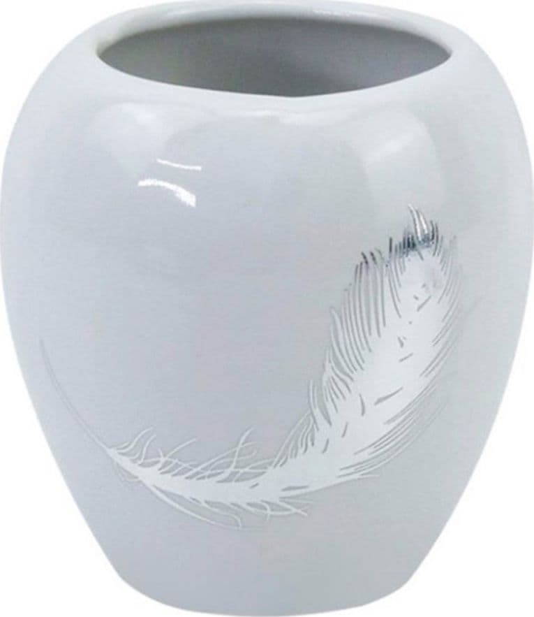 BICCHIERE PORTASPAZZOLINI CERAMICA BIANCA DECORATO CON PIUMA ARGENTO BAGNO 59899