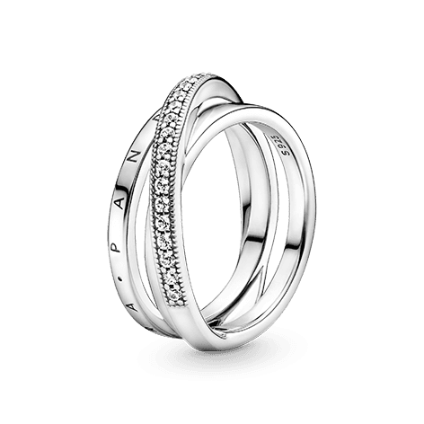 PANDORA  Anello Intrecciato Pavè e Logo Pandora