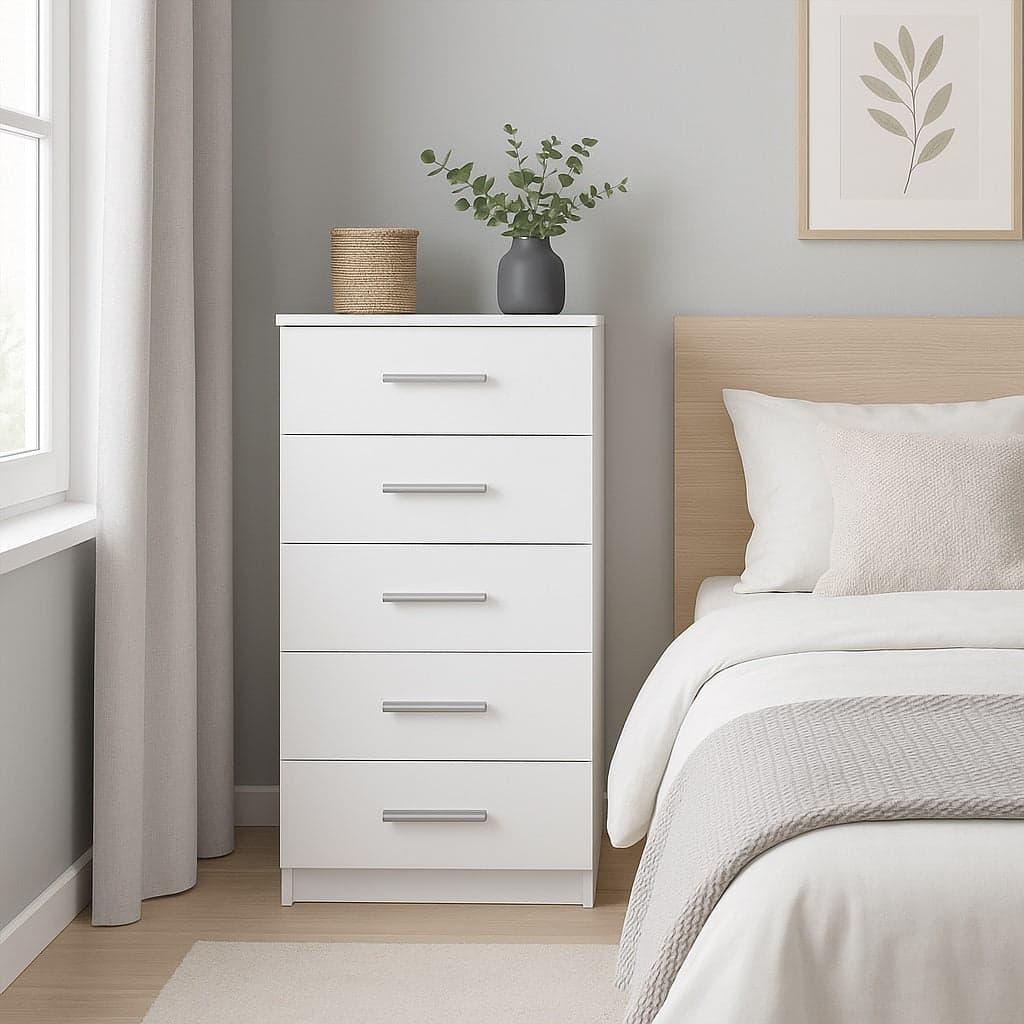 Cassettiera 5 Cassetti Multiuso Settimino Moderno Salvaspazio in Legno Mdf  108cm Bianco