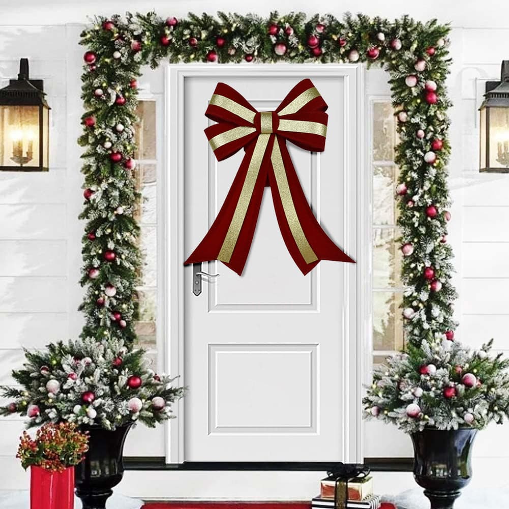 Fiocco Natalizio Fuoriporta 45x75 Rosso e Oro Decoro Addobbo Porta per Natale