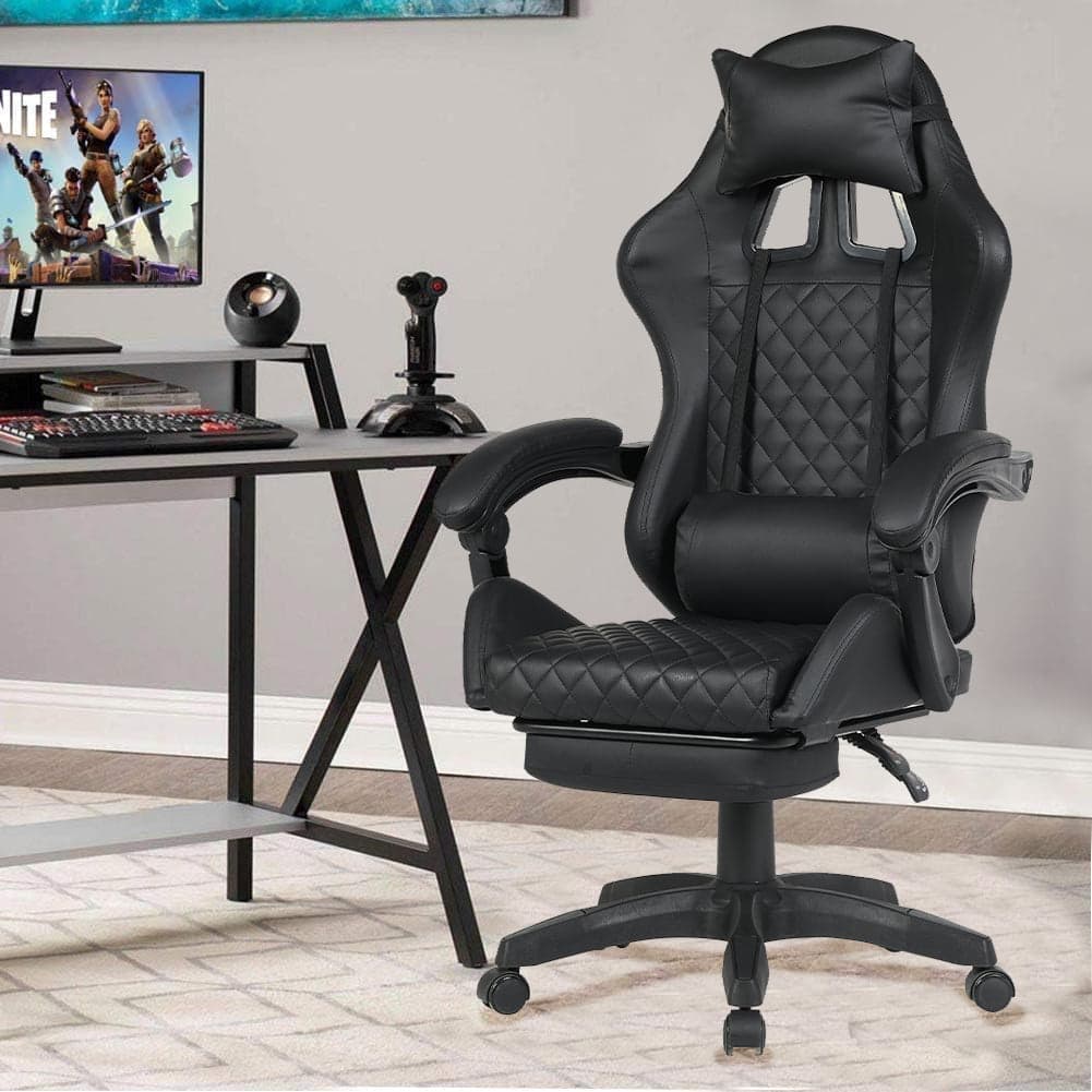 Sedia Gaming Ergonomica Reclinabile in Ecopelle con Poggiapiedi e Cuscini Lombari Nero in Sedie da scrivania Danyx - Casoria, commercioVirtuoso.it