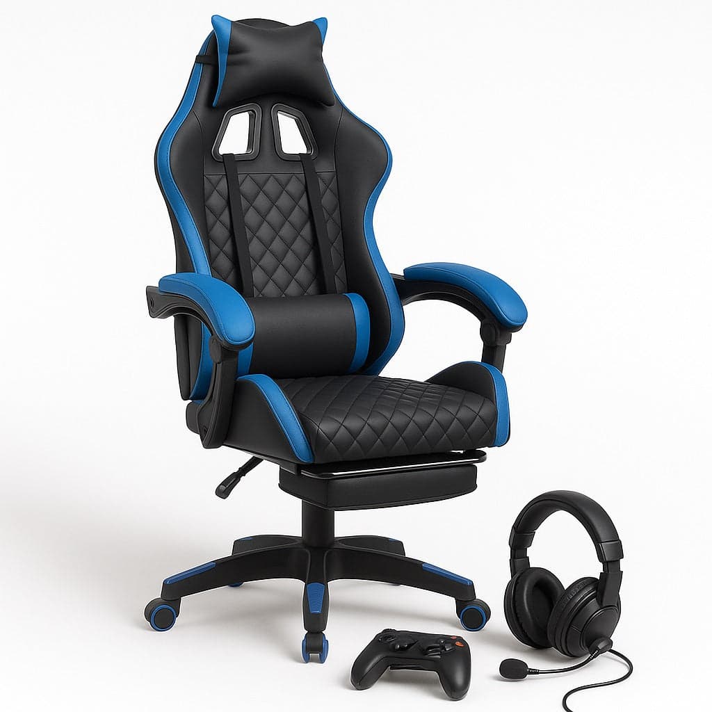 Sedia Gaming Ergonomica Reclinabile in Ecopelle con Poggiapiedi e Cuscini Lombari Blu in Sedie Gaming Danyx - Casoria, commercioVirtuoso.it