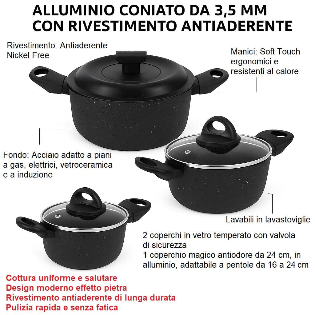 Set Pentole 6pz Pietra con Coperchio Magico Antiodore Casseruole 16 20 24 cm Induzione in Set di padelle Danyx - Casoria, commercioVirtuoso.it