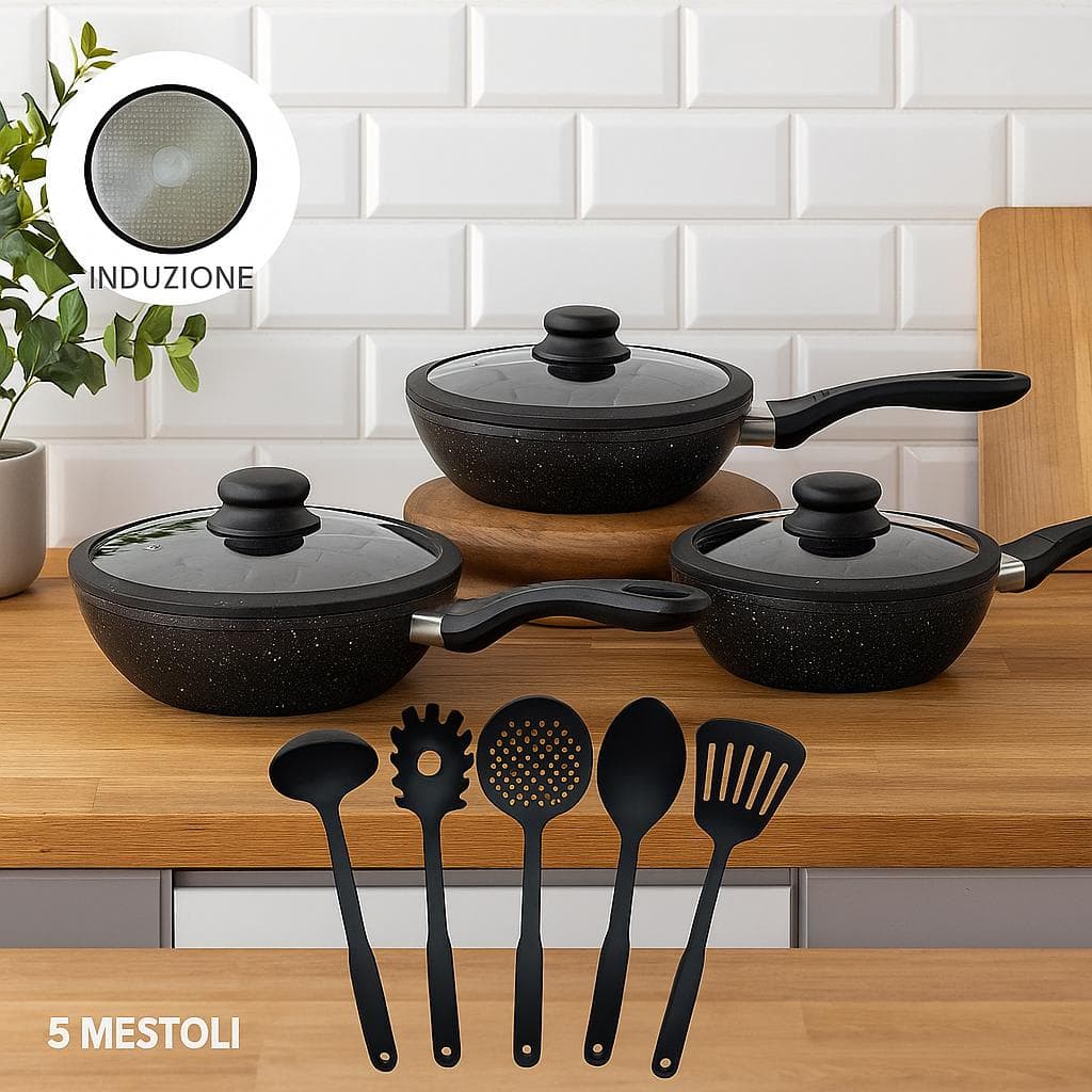 Set Padelle Induzione Pietra Antiaderenti 24/28/32 cm con Coperchi e 5mestoli Nero