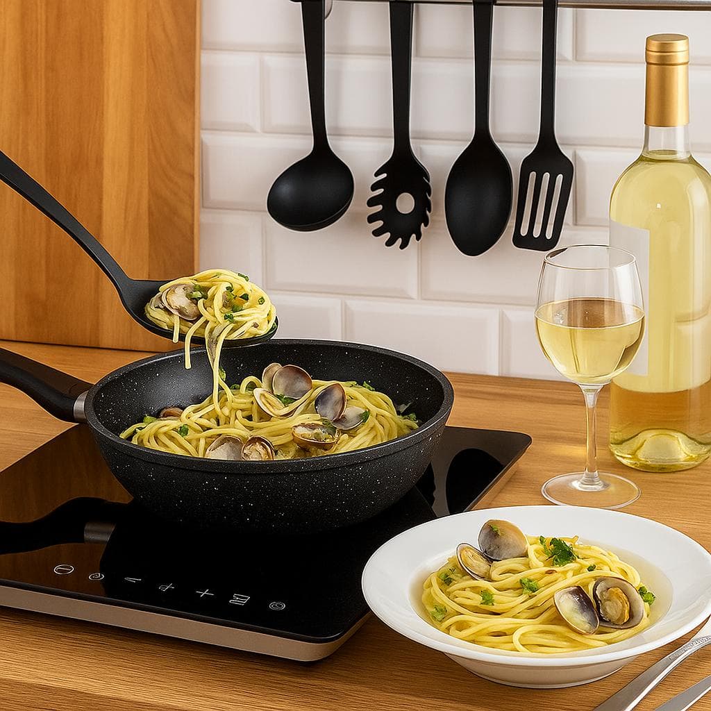 Set Padelle Induzione Pietra Antiaderenti 24/28/32 cm con Coperchi e 5mestoli Nero in Padelle universali Danyx - Casoria, commercioVirtuoso.it