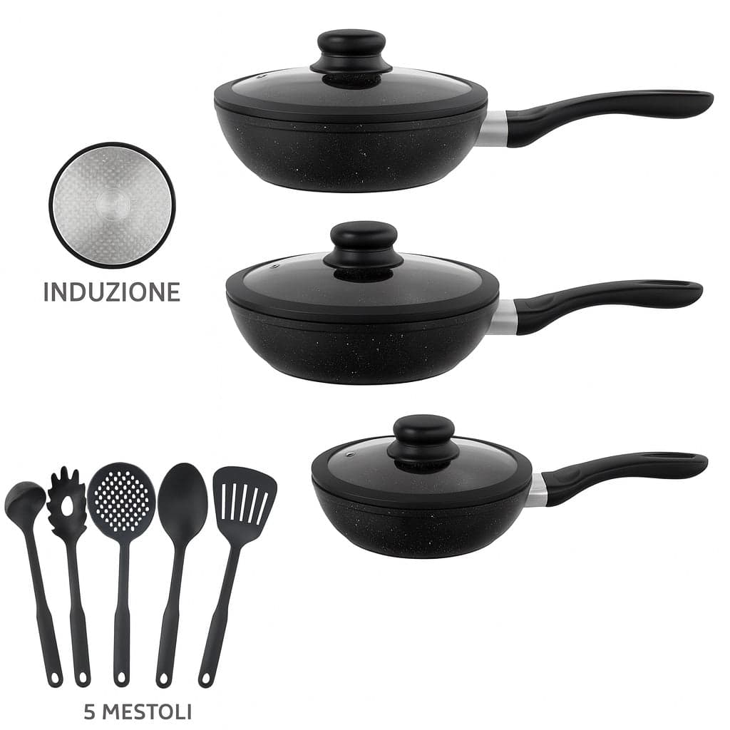 Set Padelle Induzione Pietra Antiaderenti 24/28/32 cm con Coperchi e 5mestoli Nero in Padelle universali Danyx - Casoria, commercioVirtuoso.it