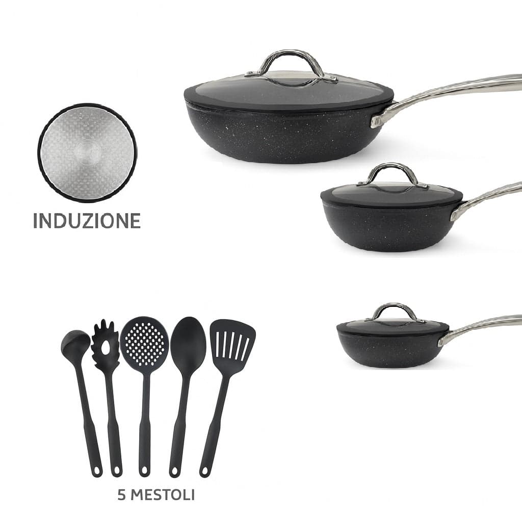 Set Padelle Induzione Pietra Antiaderenti 20/24/28 cm con Coperchi e 5mestoli Nero in Padelle universali Danyx - Casoria, commercioVirtuoso.it