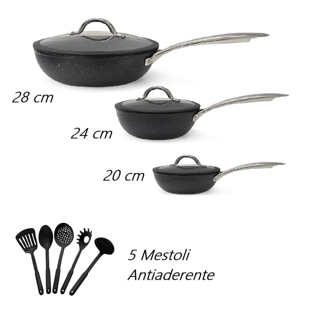 Set Padelle Induzione Pietra Antiaderenti 20/24/28 cm con Coperchi e 5mestoli Nero in Padelle universali Danyx - Casoria, commercioVirtuoso.it