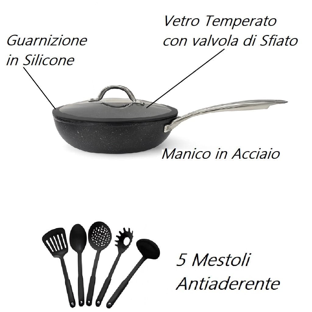 Set Padelle Induzione Pietra Antiaderenti 20/24/28 cm con Coperchi e 5mestoli Nero in Padelle universali Danyx - Casoria, commercioVirtuoso.it