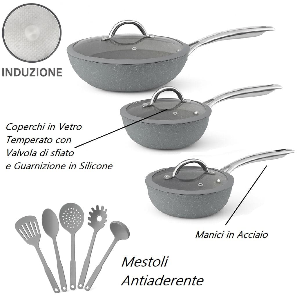 Set Padelle Induzione Pietra Antiaderenti 20/24/28 cm con Coperchi e 5mestoli Grigio in Padelle universali Danyx - Casoria, commercioVirtuoso.it