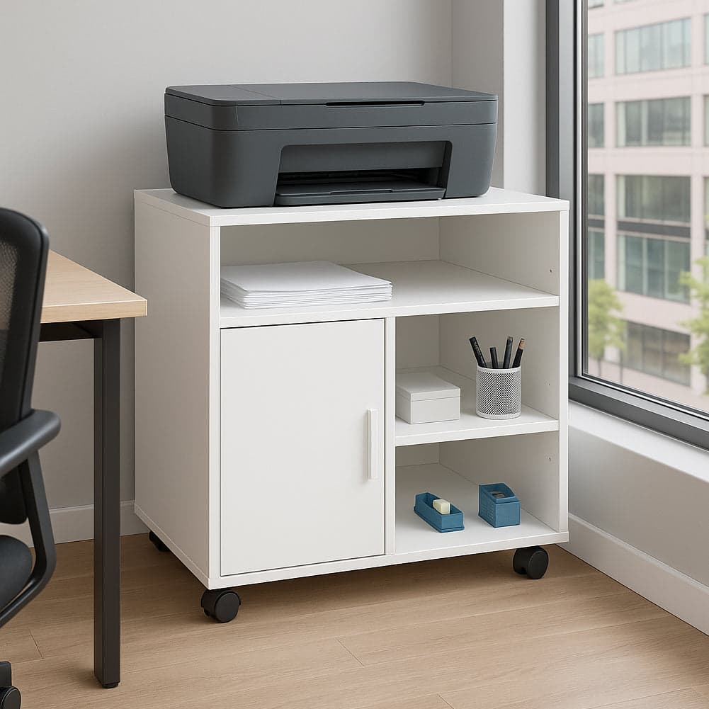Mobile Porta stampante bianco con anta e ripiani 60x50x65 cm mobiletto ufficio in Supporti per stampante Danyx - Casoria, commercioVirtuoso.it