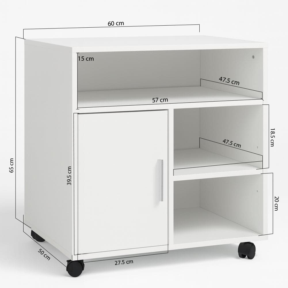 Mobile Porta stampante bianco con anta e ripiani 60x50x65 cm mobiletto ufficio in Supporti per stampante Danyx - Casoria, commercioVirtuoso.it