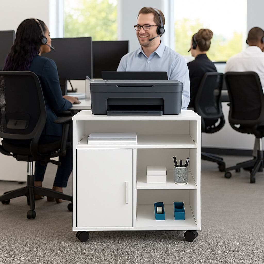 Mobile Porta stampante bianco con anta e ripiani 60x50x65 cm mobiletto ufficio in Supporti per stampante Danyx - Casoria, commercioVirtuoso.it