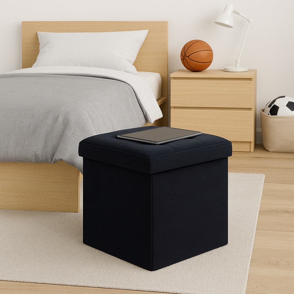 Pouf Pieghevole in Velluto Nero 38x38x38 cm Salvaspazio con Coperchio Design Moderno in Panche contenitore Danyx - Casoria, commercioVirtuoso.it