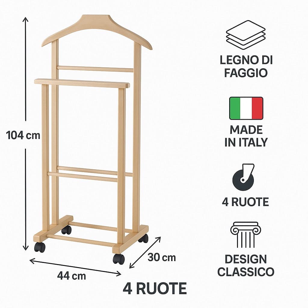 Appendiabiti Indossatore in Legno di Faggio colore Noce Servo Muto con Ruote 43x33x105 cm in Omini appendiabiti Danyx - Casoria, commercioVirtuoso.it
