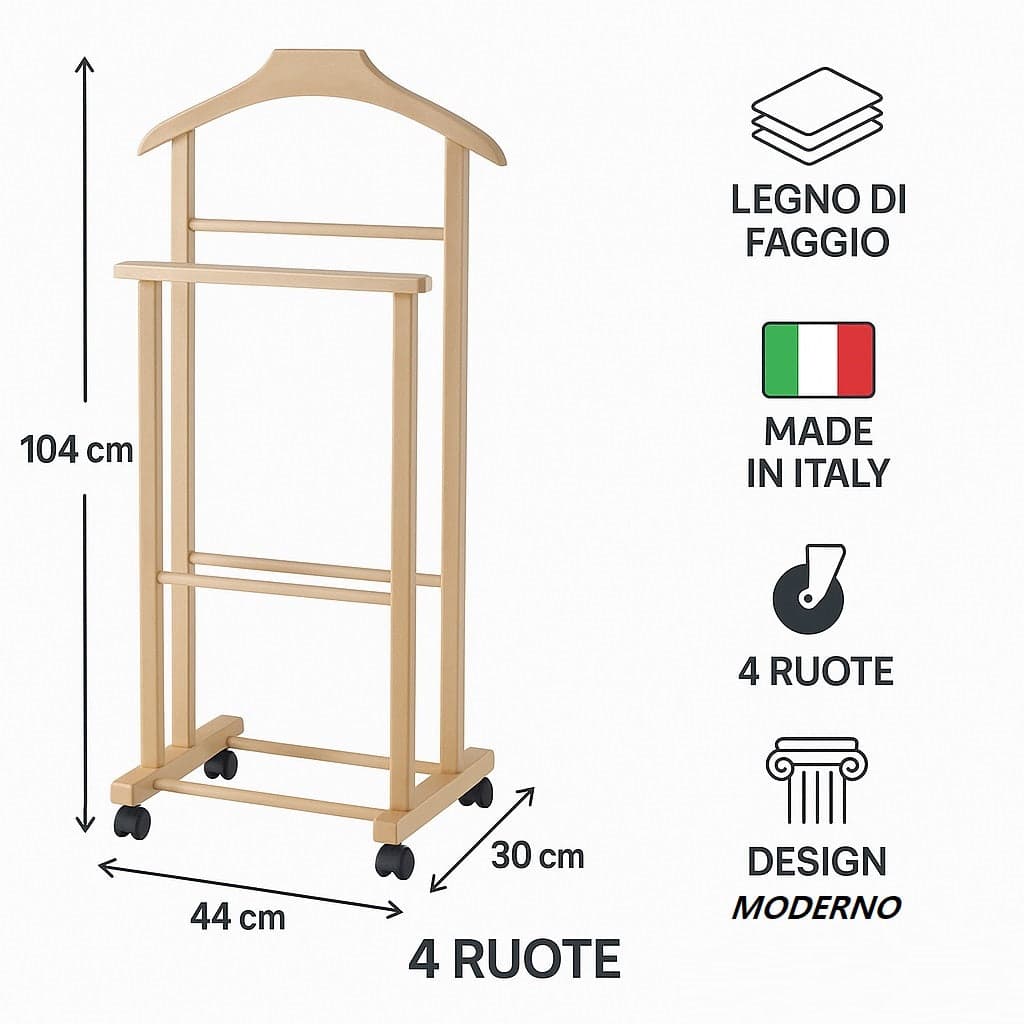 Appendiabiti Indossatore in Legno di Faggio colore Naturale Servo Muto con Ruote 43x33x105 cm in Omini appendiabiti Danyx - Casoria, commercioVirtuoso.it