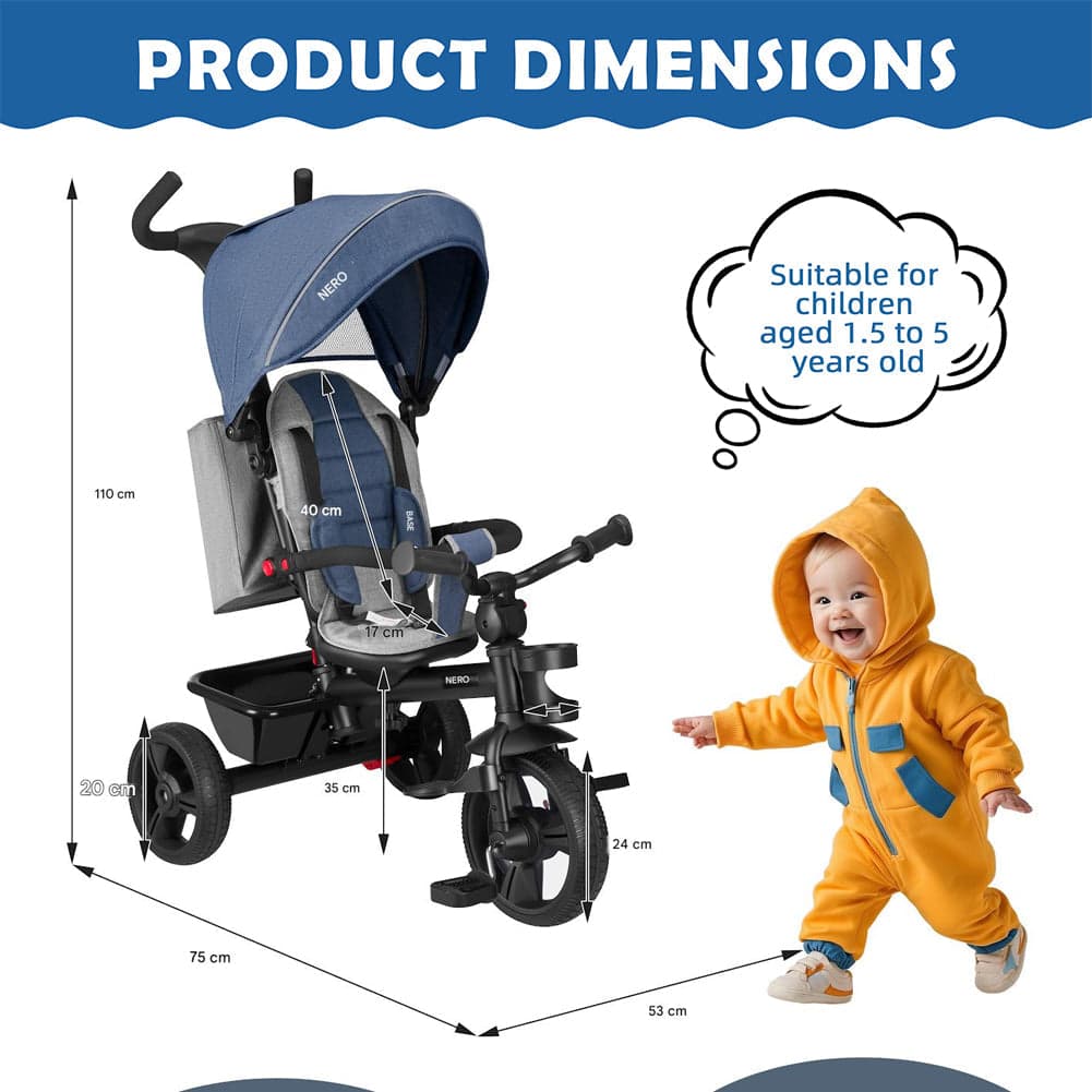 Triciclo Bambini 5in1 con Sedile Girevole 360°, Cappottina, Pedali e Maniglione Regolabile Blu in Tricicli Danyx - Casoria, commercioVirtuoso.it