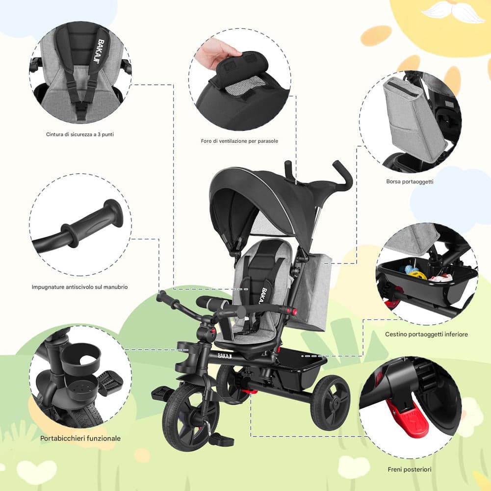 Triciclo Bambini 5in1 con Sedile Girevole 360°, Cappottina, Pedali e Maniglione Regolabile Nero in Tricicli Danyx - Casoria, commercioVirtuoso.it