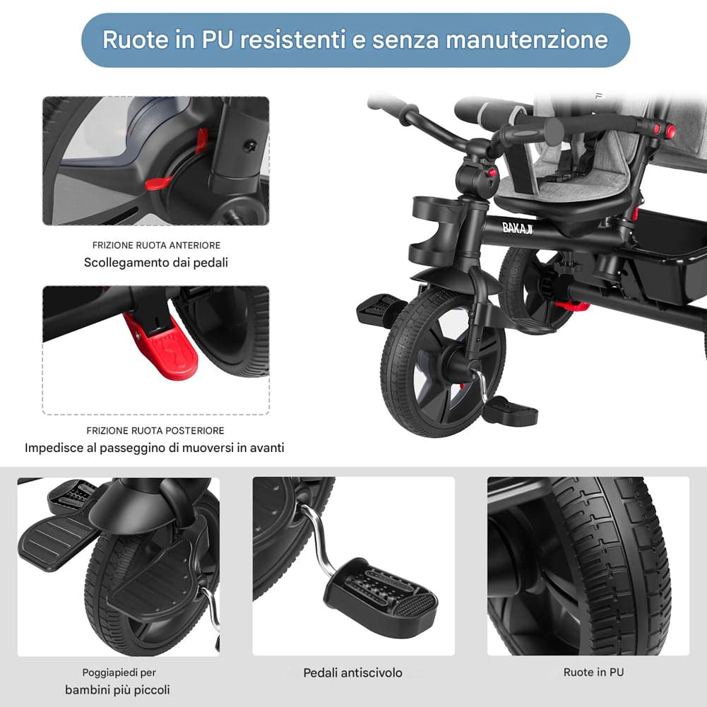 Triciclo Bambini 5in1 con Sedile Girevole 360°, Cappottina, Pedali e Maniglione Regolabile Nero in Tricicli Danyx - Casoria, commercioVirtuoso.it