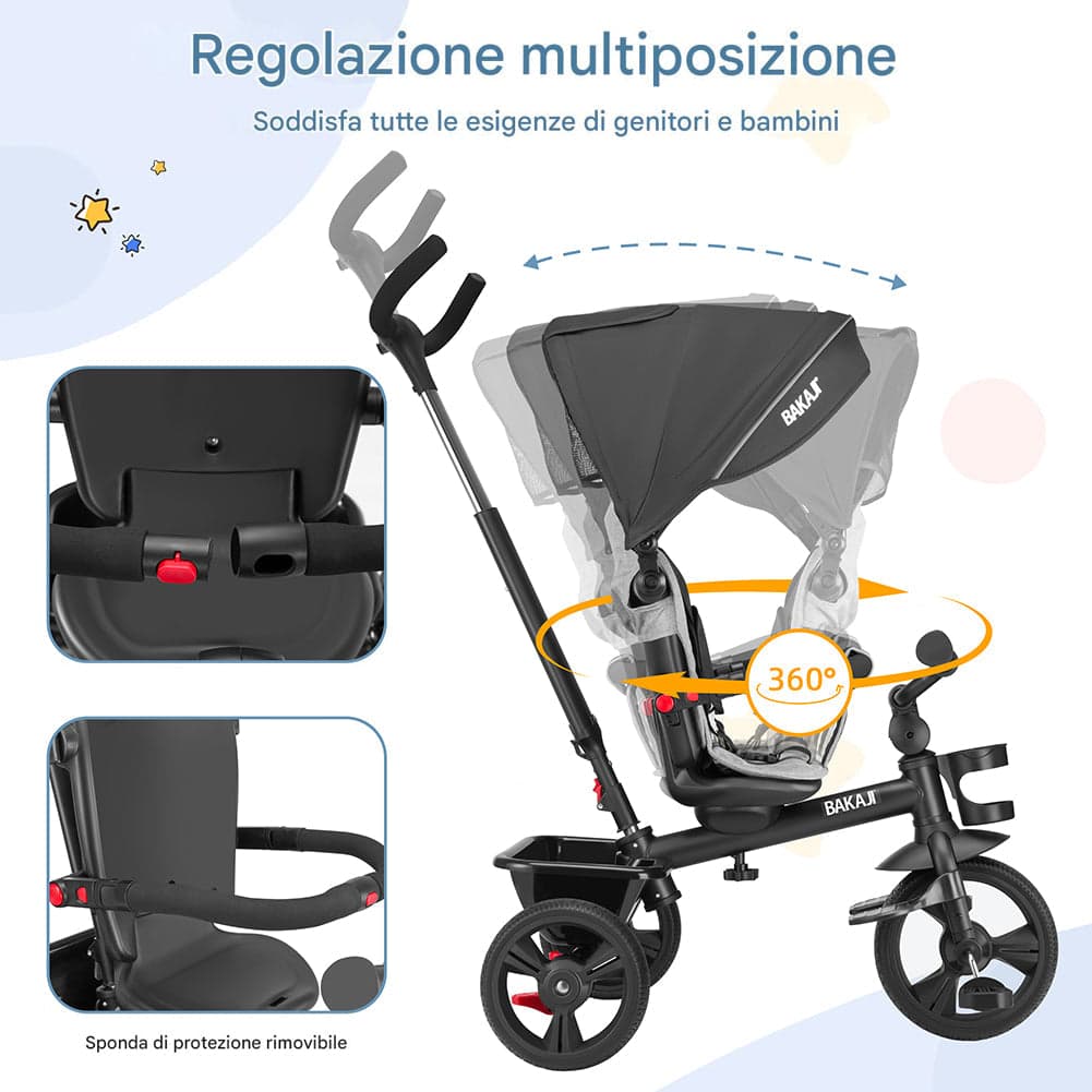 Triciclo Bambini 5in1 con Sedile Girevole 360°, Cappottina, Pedali e Maniglione Regolabile Nero in Tricicli Danyx - Casoria, commercioVirtuoso.it
