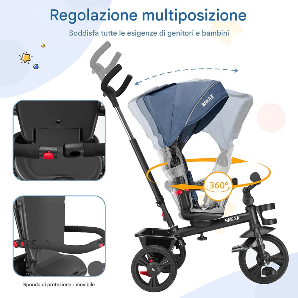 Triciclo Bambini 5in1 con Sedile Girevole 360°, Cappottina, Pedali e Maniglione Regolabile Blu in Tricicli Danyx - Casoria, commercioVirtuoso.it