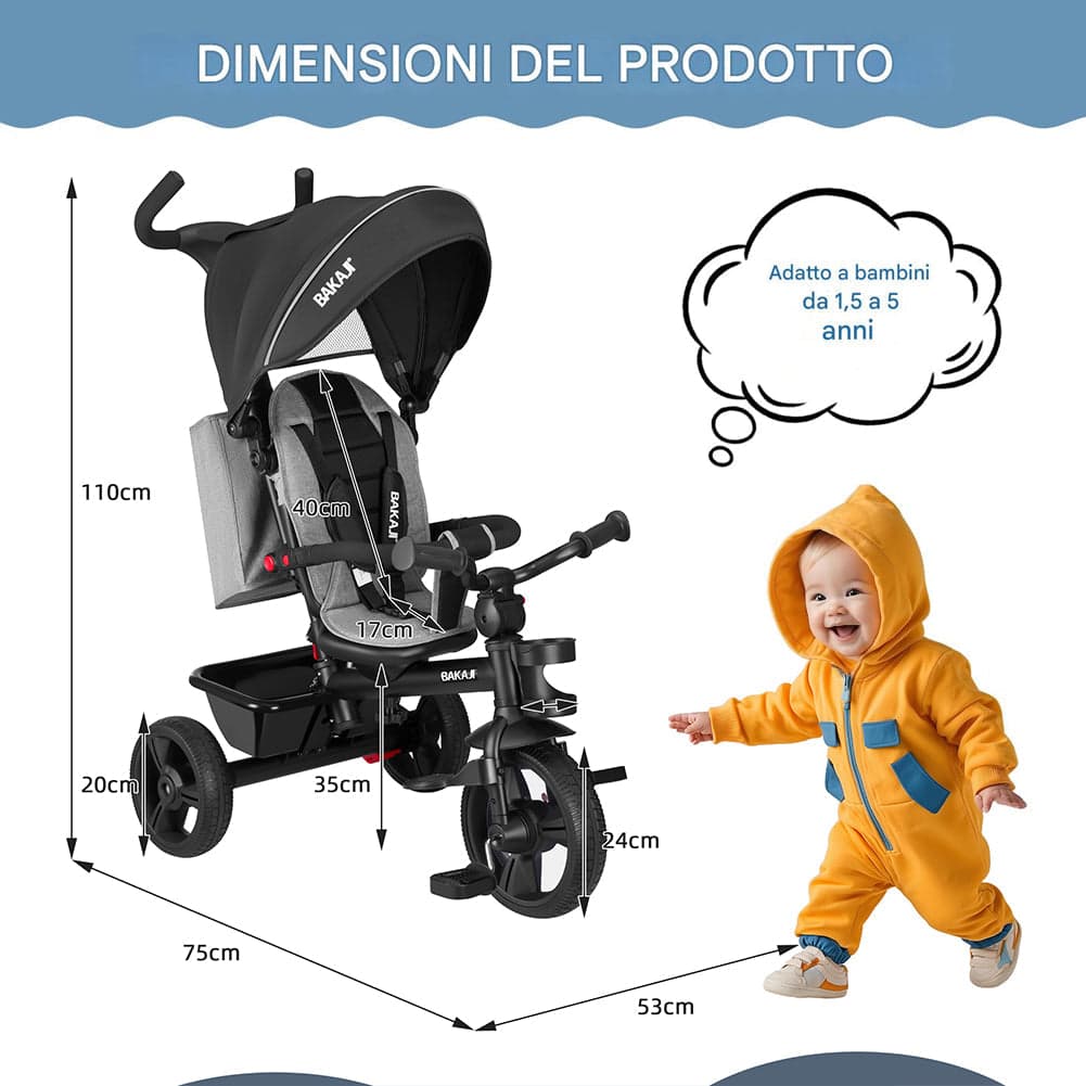 Triciclo Bambini 5in1 con Sedile Girevole 360°, Cappottina, Pedali e Maniglione Regolabile Nero in Tricicli Danyx - Casoria, commercioVirtuoso.it