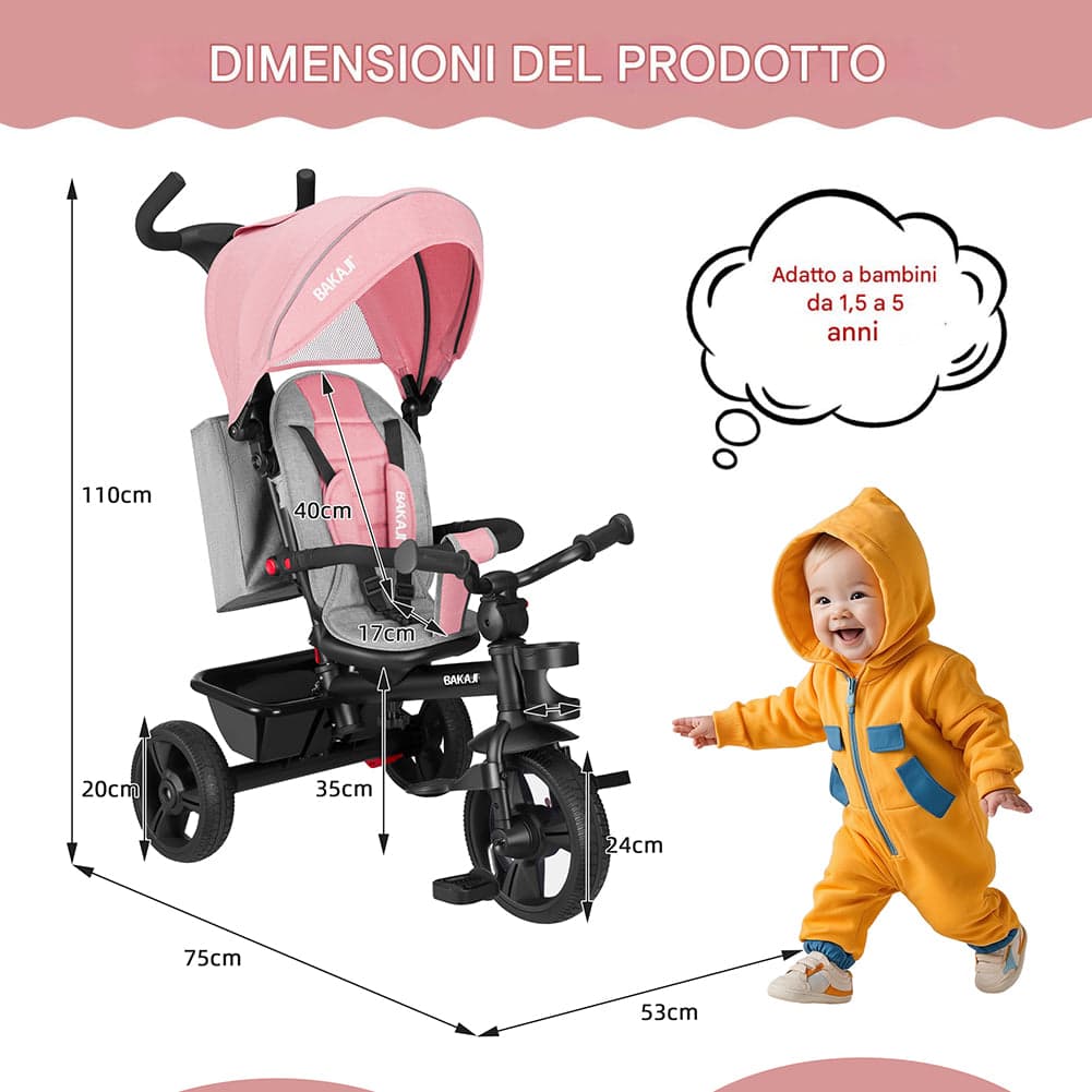 Triciclo Bambini 5in1 con Sedile Girevole 360°, Cappottina, Pedali e Maniglione Regolabile Rosa in Tricicli Danyx - Casoria, commercioVirtuoso.it