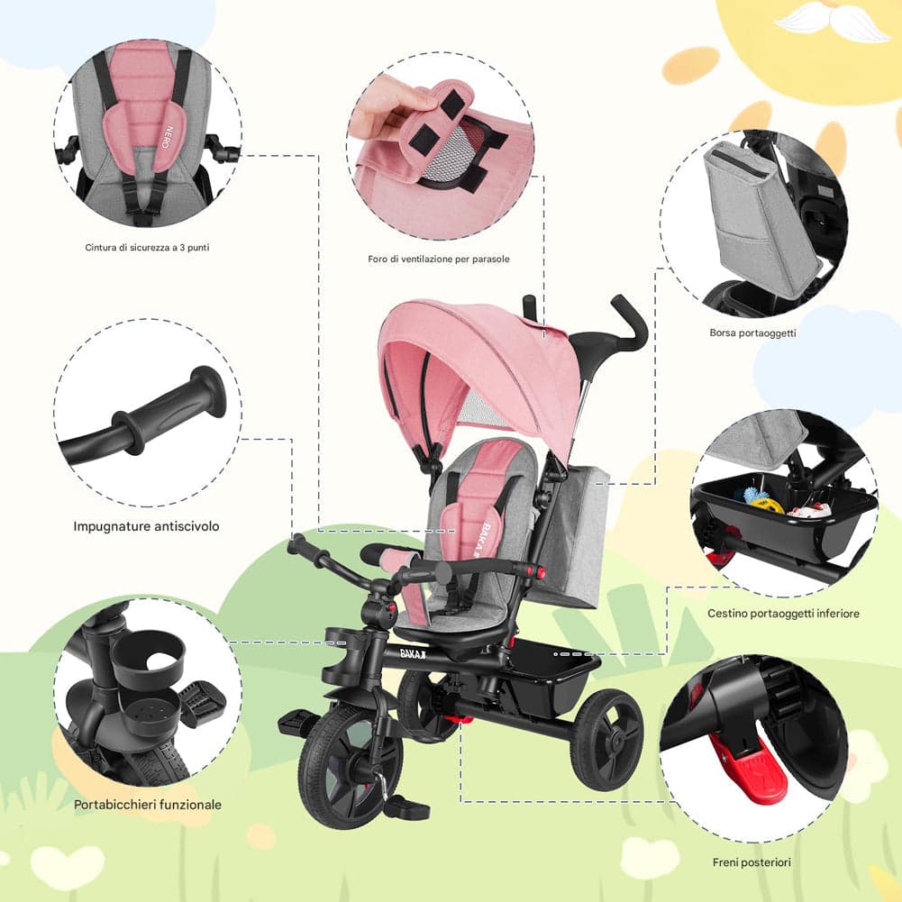 Triciclo Bambini 5in1 con Sedile Girevole 360°, Cappottina, Pedali e Maniglione Regolabile Rosa in Tricicli Danyx - Casoria, commercioVirtuoso.it