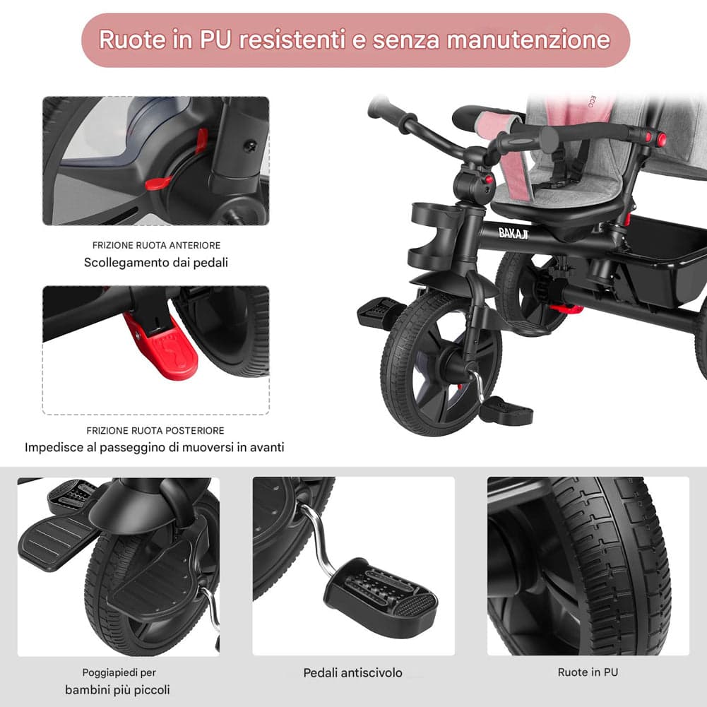 Triciclo Bambini 5in1 con Sedile Girevole 360°, Cappottina, Pedali e Maniglione Regolabile Rosa in Tricicli Danyx - Casoria, commercioVirtuoso.it