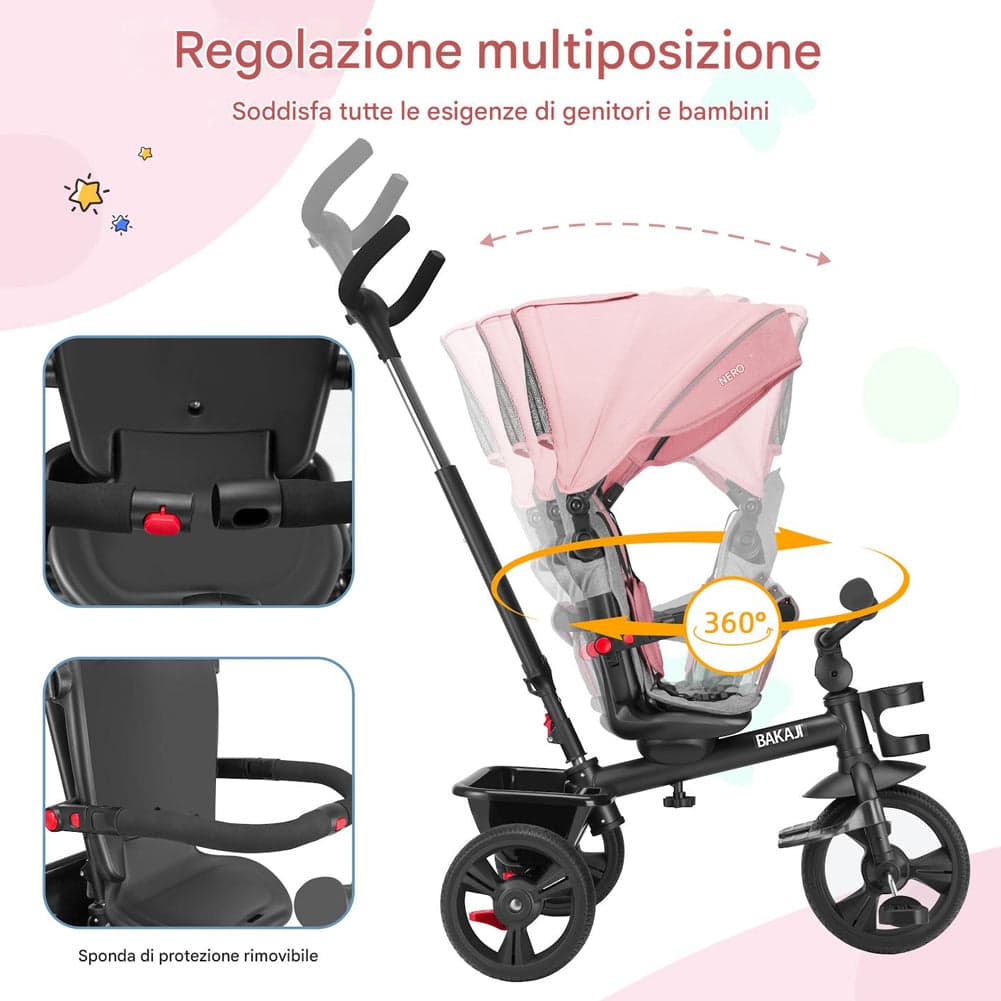 Triciclo Bambini 5in1 con Sedile Girevole 360°, Cappottina, Pedali e Maniglione Regolabile Rosa in Tricicli Danyx - Casoria, commercioVirtuoso.it