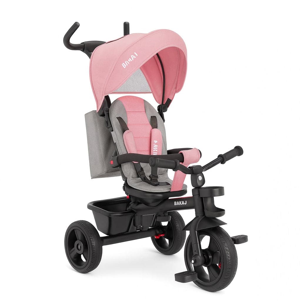 Triciclo Bambini 5in1 con Sedile Girevole 360°, Cappottina, Pedali e Maniglione Regolabile Rosa