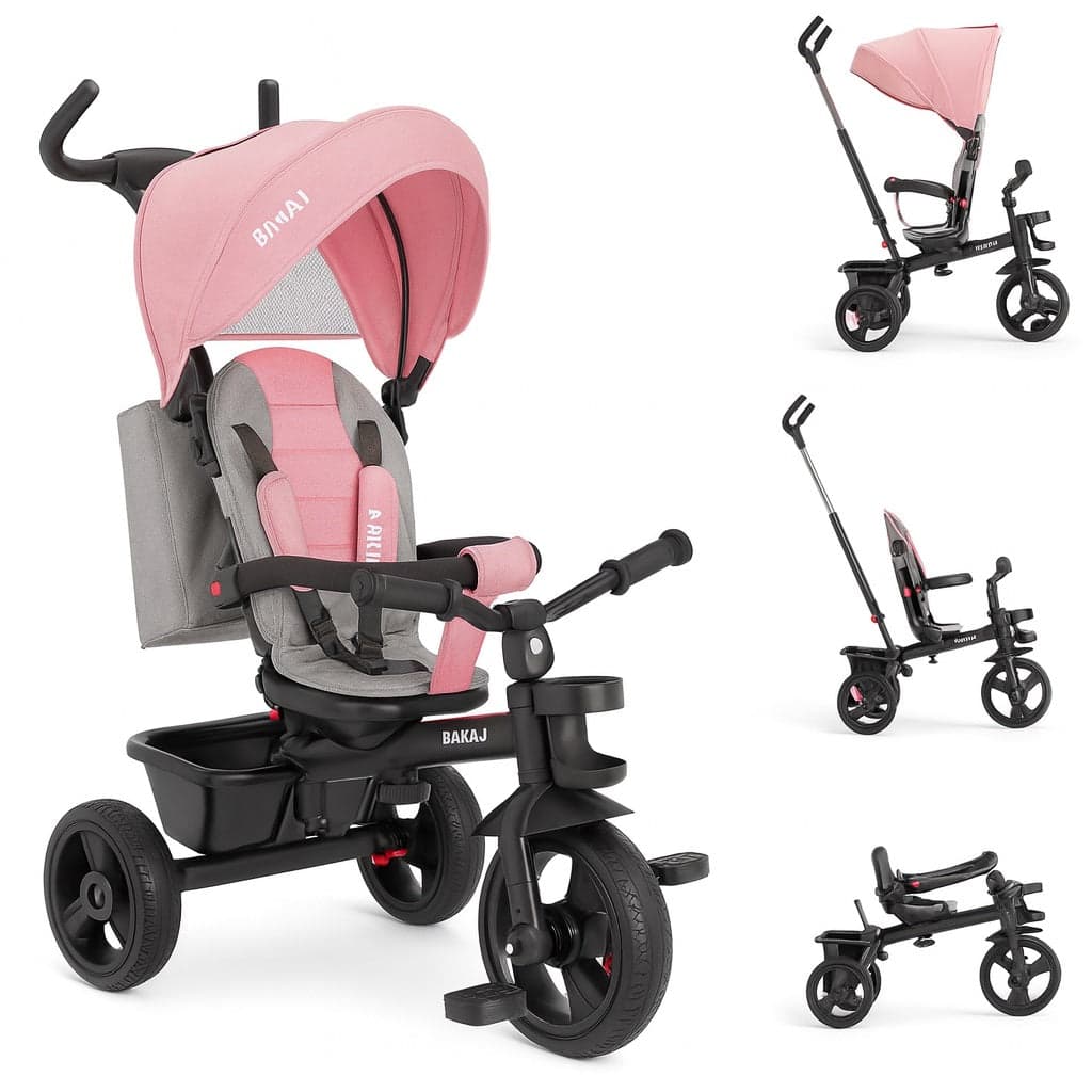 Triciclo Bambini 5in1 con Sedile Girevole 360°, Cappottina, Pedali e Maniglione Regolabile Rosa in Tricicli Danyx - Casoria, commercioVirtuoso.it
